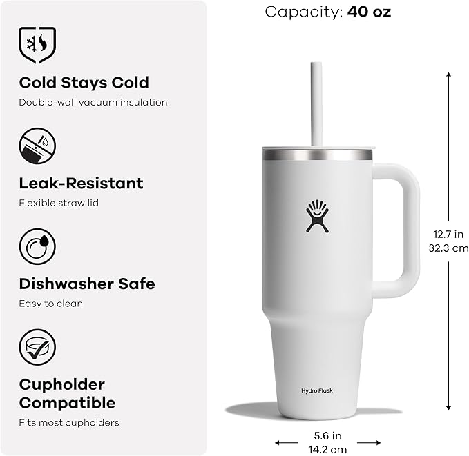 Hydro Flask Travel Tumbler with Handle, Lid and Straw - Insulated Stainless Steel in 40 Oz Seacliff
