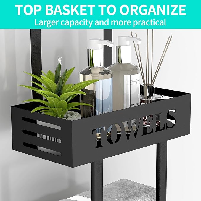 Over The Door Towel Rack, 3 Tier Hanging Towel Rack for Bathroom Stainless Steel, Over Door & Wall Mounted Towel Holder with Shelf Basket, Towel Storage for Small Bathroom, Black