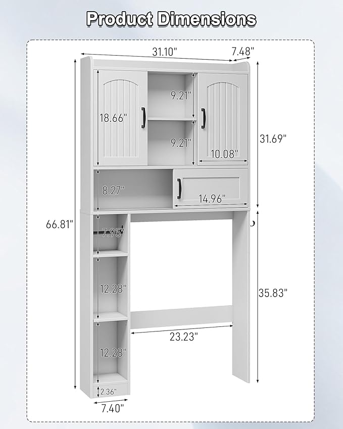 Vabches Farmhouse Over The Toilet Storage Cabinet with 2 Barn Doors & Sliding Door, Over The Toilet Bathroom Organizer with Open Storage Layer and Adjustable Shelves & Hooks.White