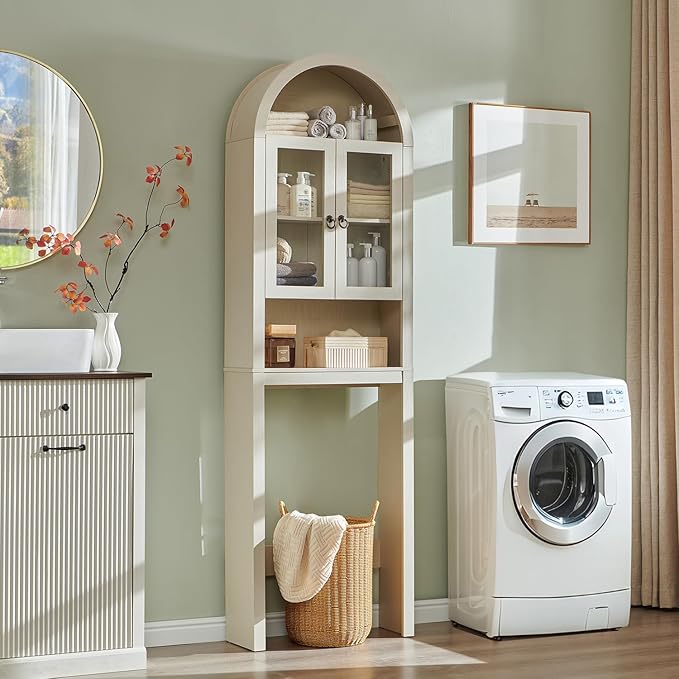 Arched Over The Toilet Storage Cabinet with Acrylic Doors, Modern Over Toilet Bathroom Organizer Shelf, Small Wooden Bathroom Storage Cabinet with Adjustable Shelf, Space Saver, Cream