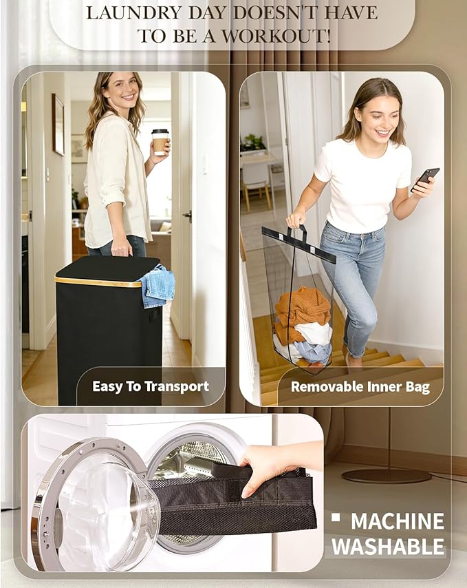 Laundry Hamper with Wheels, 75L Large Clothes Hamper with Removable Inner Bag, Collapsible Dirty Clothes Basket for Dorm, Rolling Dirty Clothes Basket for, Bedroom, Bathroom, Laundry Room