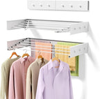 Upgrade Wall Mounted Drying Rack with 6 Hooks, 31.5" Foldable Laundry Rack, 5 Rods & Hooks Space Saver for Bathroom, Collapsible Clothing Rack with Template for Indoor Outdoor (White)