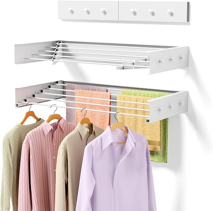 Upgrade Wall Mounted Drying Rack with 6 Hooks, 31.5" Foldable Laundry Rack, 5 Rods & Hooks Space Saver for Bathroom, Collapsible Clothing Rack with Template for Indoor Outdoor (White)