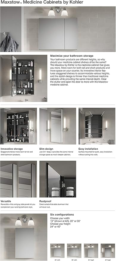 Kohler 81147-DA1 Maxstow Frameless Surface-Mount Bathroom Medicine Cabinet with Mirror, 15 in. W x 40 in. H, Dark Anodized Aluminum