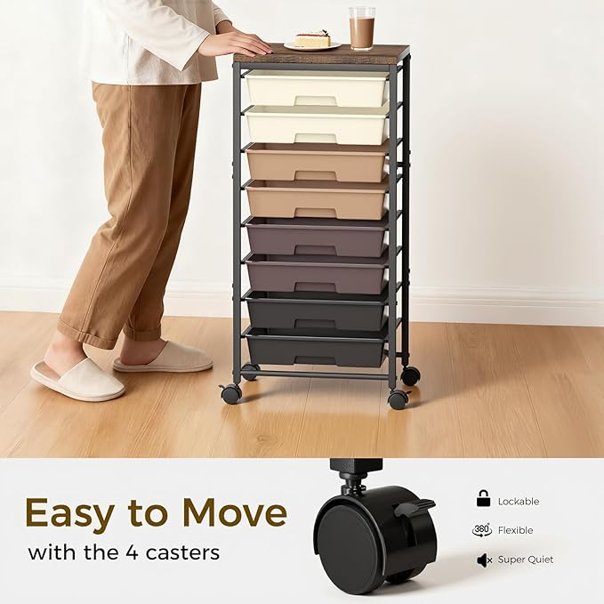 Rolling Cart with 8 Drawers, Plastic Drawer Storage Carts with Wheels & Wooden Tabletop, Metal Utility Cart Organizer for Bedroom Living Room Office Classroom Craft Organization and Storage, Brown