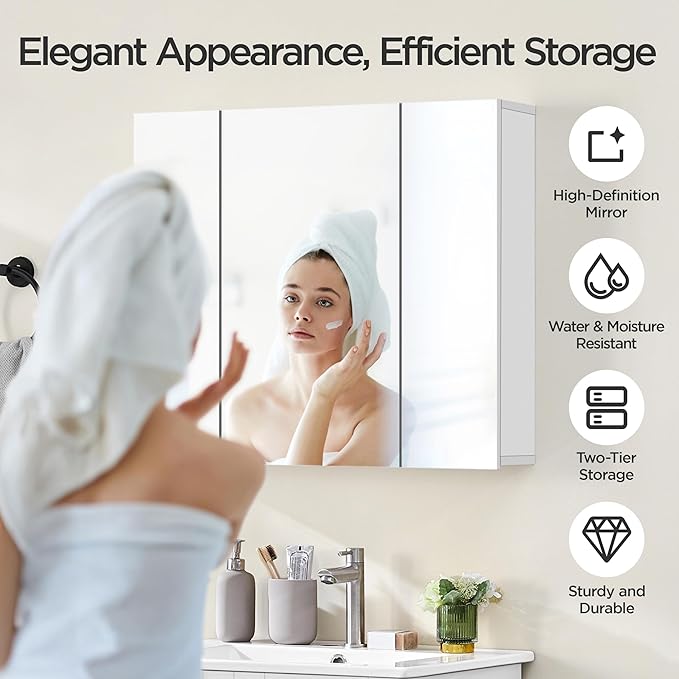Yaheetech Bathroom Mirror Cabinet with 3 Doors, Wall Mounted Medicine Cabinet with Adjustable Shelf, Storage Cupboard for Living Room, Laundry Room, Mudroom, White