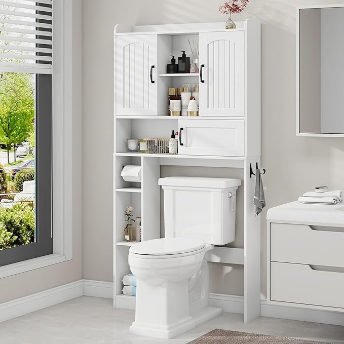 Vabches Farmhouse Over The Toilet Storage Cabinet with 2 Barn Doors & Sliding Door, Over The Toilet Bathroom Organizer with Open Storage Layer and Adjustable Shelves & Hooks.White
