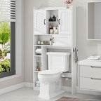 Vabches Farmhouse Over The Toilet Storage Cabinet with 2 Barn Doors & Sliding Door, Over The Toilet Bathroom Organizer with Open Storage Layer and Adjustable Shelves & Hooks.White