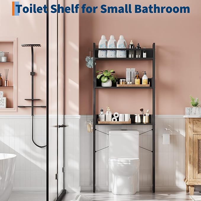 Garvee Over the Toilet Storage Rack 3-Tier Bathroom Organizers and Storage with Shelf and Basket One-Piece Wooden Shelves Open Net Freestanding Space Saver for Bathroom