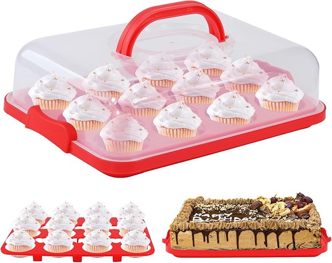 Cake Carrier with Lid, Cake Holder Cupcake Container for 12 Cupcakes 2 in 1 Portable Dessert Container for Pie Muffin Cobbler (Red)