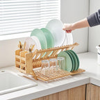 Bamboo Dish Drying Rack, 3 Tier Collapsible Wooden Dish Drainer Rack with Utensil Holder, Plate Rack for Kitchen Counter, Large Folding Drying Holder 51 pcs Grid