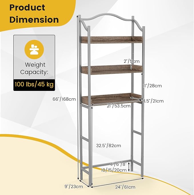 Giantex 3-Tier Over-The-Toilet Rack, Freestanding Bathroom Space Saver W/ 3 Open Shelves & Sturdy Metal Frame, Mid-Century Storage Rack for Bathroom, Laundry Room, Easy Assembly (Sliver)