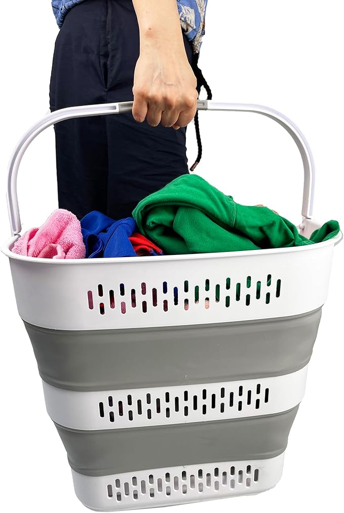 SAMMART 40L (10.5 Gallon) Collapsible Plastic Laundry Basket with Handles - Foldable Pop Up Storage Container/Organizer - Portable Laundry Hamper - Space Saving (2, White/Grey)
