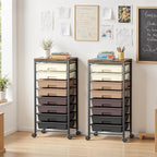 Rolling Cart with 8 Drawers, Plastic Drawer Storage Carts with Wheels & Wooden Tabletop, Metal Utility Cart Organizer for Bedroom Living Room Office Classroom Craft Organization and Storage, Brown