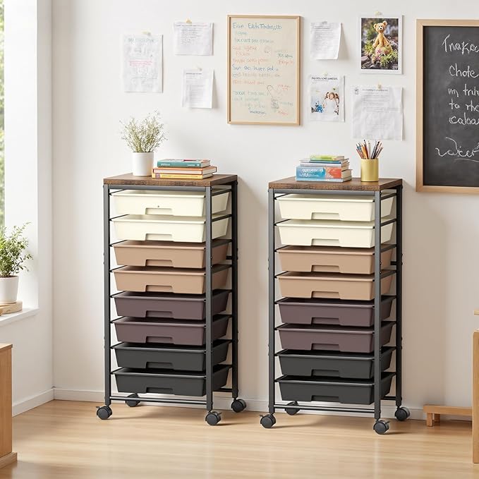 Rolling Cart with 8 Drawers, Plastic Drawer Storage Carts with Wheels & Wooden Tabletop, Metal Utility Cart Organizer for Bedroom Living Room Office Classroom Craft Organization and Storage, Brown