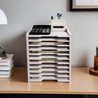 A4 Wooden Desk Letter Tray, Paper Organizer Storage with Adjustable Shelves, Stackable File Sorter for Notes, Pens, File Paper and Desk(Portrait-10tray(with 9 Adjustable Shelves))