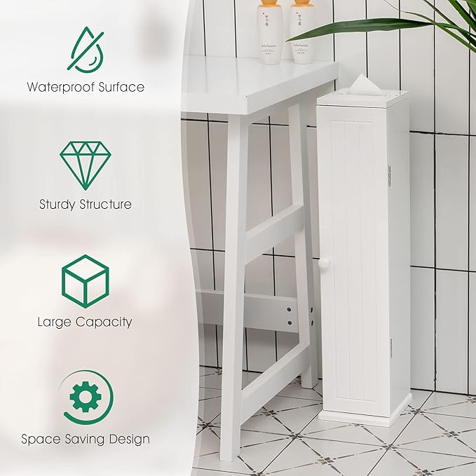 HOMGX Slim Bathroom Storage Cabinet, Freestanding Cabinet with Detachable Shelves & Top Slot, Toilet Paper Storage Holder for Small Spaces, Bathroom, Living Room, White