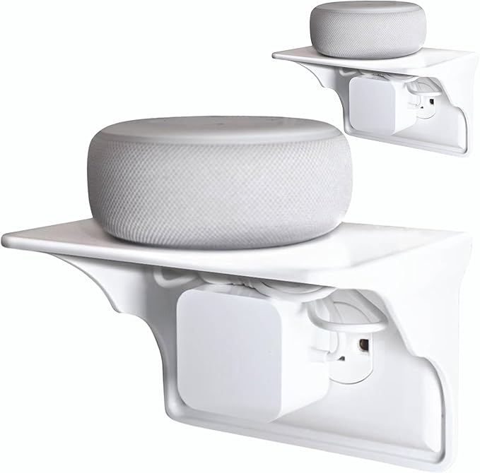 Power Perch Horizontal Wall Outlet Shelf with Cord Storage Strap - Declutter & Reclaim Bathroom Counter Space - Echo Dot Stand, Apple Homepod Shelf, Toothbrush Holder for Bathroom- White, 2-Pack