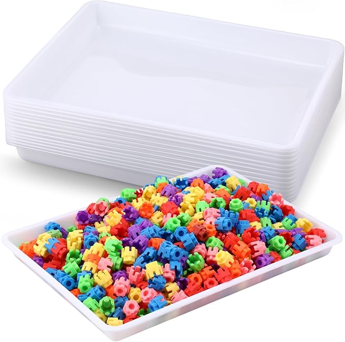 Maitys 15 Pcs Flat Plastic Trays 16.1 x 11.8'' Sensory Storage Tray Paper Stackable Classroom Bins for Office Home Organizer Arts and Crafts Supplies(White)