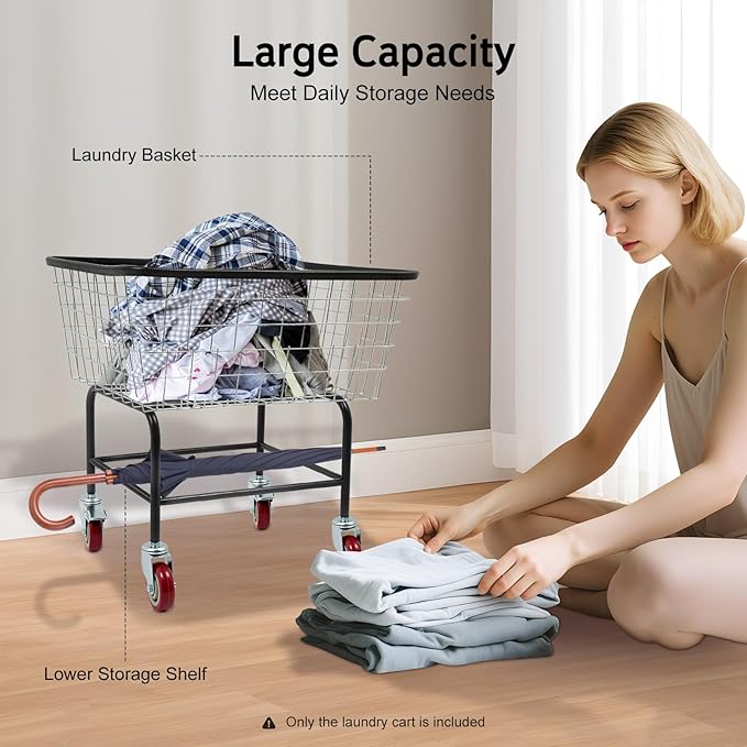 26"H Laundry Cart, 4 Universal Wheels Steel Wire Laundry Cart, Rolling Laundry Basket with Rod Rack for Homes, Hotels, Bathrooms, And Commercial Laundries (A)