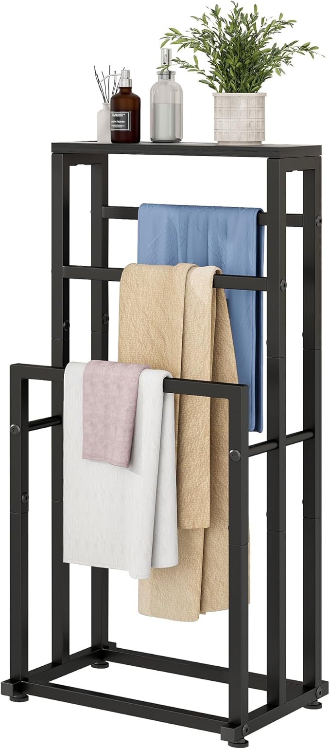 Free Standing Towel Rack for Bathroom, 3 Tier Metal Blanket Rack with Shelf, Blanket Drying and Display Rack for Oversized Bath Towels Bathroom Accessories, Next to Tub or Shower, Black
