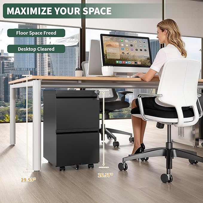 2 Drawer File Cabinet with Lock,Under Desk Rolling Small Filing Cabinet for Home Office Storage, Mobile Steel Cabinets with Wheels, Fully Assembled, Black