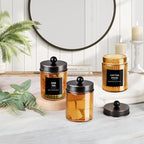 3 Pack Apothecary Jar Canisters Bathroom Vanity Organizer - Qtip Holder Storage Organizer Set Countertop Canister with Stainless Steel Lids &Cute Stickers for Qtips,Cotton Swabs,Makeup Sponges,Floss