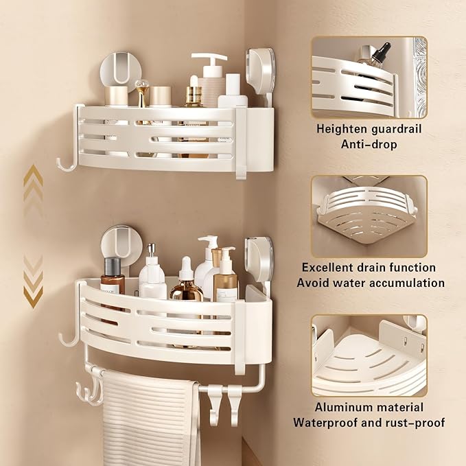 VOLPONE Corner Shower Caddy Suction Cup Shower Shelf Corner No Drilling Bathroom Shower Organizer Storage Rack Adhesive with Towel Bar Hooks(3-Pack, Ivory)