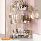 3-Tier Corner Bathroom Counter Organizer，Makeup & Skincare Shelf with Built-in Brush Holder，Space-Saving Bathroom Countertop Organizer for Skincare, Perfume, Cosmetics(Clear)