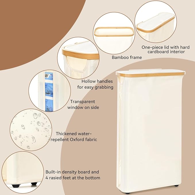 GARPROVM Toilet Paper Storage Basket with Lid, Slim Free Standing Toilet Roll Storage Holder Stand with See Through Window, Holds up to 20 Regular Rolls or 12 Mega Rolls Bathroom Organizer, Beige