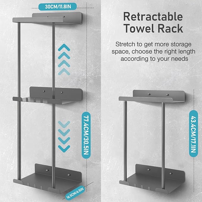 Hommtina Wall-Mounted Towel Rack & Holder - Rust-Resistant Bathroom Organizer with No Drill Installation, Space-Saving Design for Kitchen, Laundry Room (Grey)