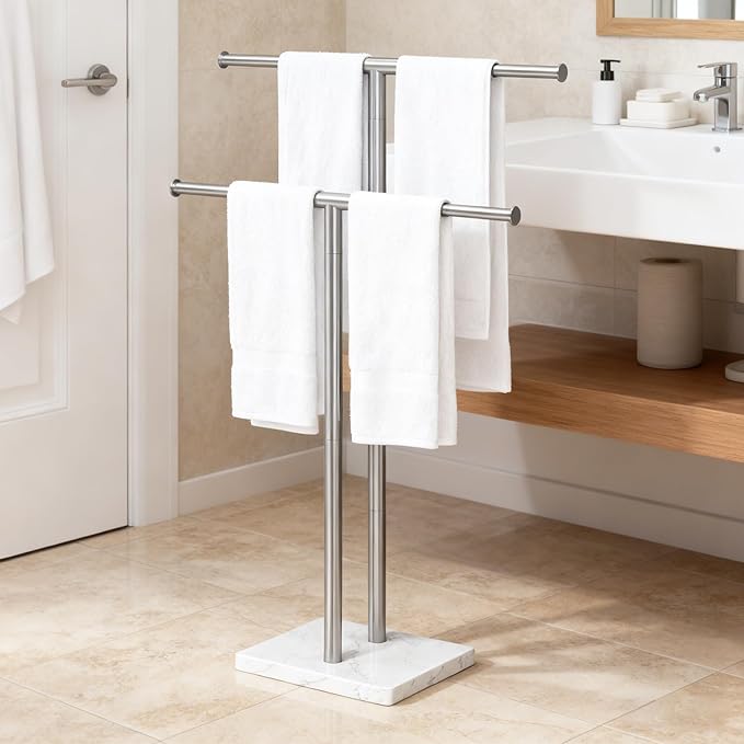 ELYKEN Standing Towel Racks for Bathroom, 2-Tier Floor Towel Holder Stand with Weighted Marble Base, Freestanding Bath Towel Rack, Width Adjustable & Stainless Steel Brushed Finish