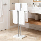 ELYKEN Standing Towel Racks for Bathroom, 2-Tier Floor Towel Holder Stand with Weighted Marble Base, Freestanding Bath Towel Rack, Width Adjustable & Stainless Steel Brushed Finish