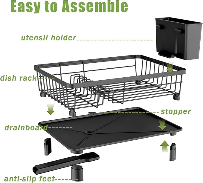 Dish Drainer Rack with Drip Tray, Sink Dish Drainer with Drainage Spout, Stainless Steel Dish Drying Rack with Cups, Utensil & Cutting Board Holders for Kitchen Counter Space-Saving, Black