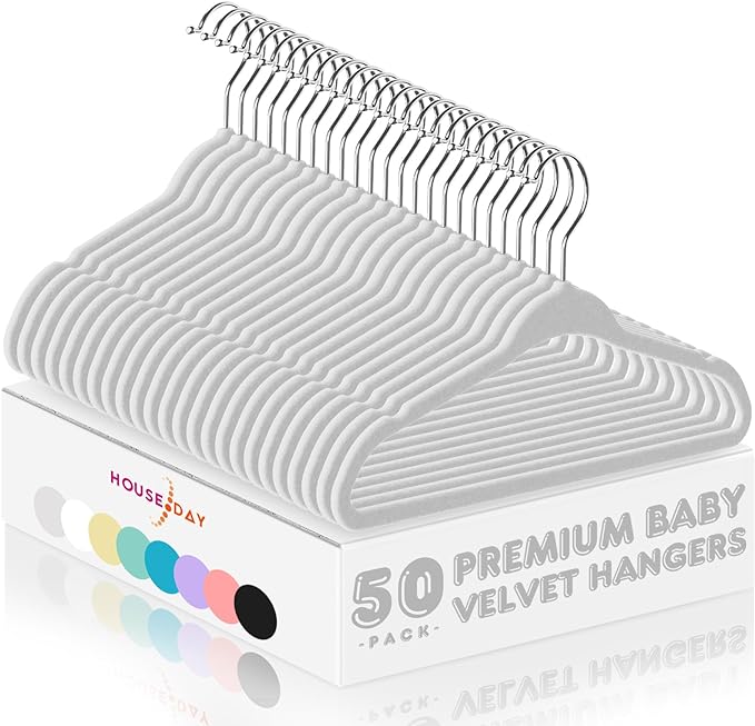 HOUSE DAY 11 Inch Velvet Baby Hangers 50 Pack Grey, Premium Kids Hangers for Children, Infant & Toddler Clothes, Durable Non Slip Small Baby Felt Hanger for Closet, Ideal for Everyday Use
