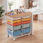 GOFLAME 10-Drawer Rolling Storage Cart, Craft Storage Cart with Wooden Tabletop, Lockable Wheels & Handles, Art Cart Supply Storage Organizer with Metal Frame for Home Office Classroom, Macaron Color