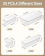 25 PCS Plastic Drawer Organizers Set, 4 Sizes Vanity Organizer, Makeup and Desk Drawer Organizer Trays, Organization and Storage for Makeup, Bathroom, Kitchen Utensils and Office (Clear)