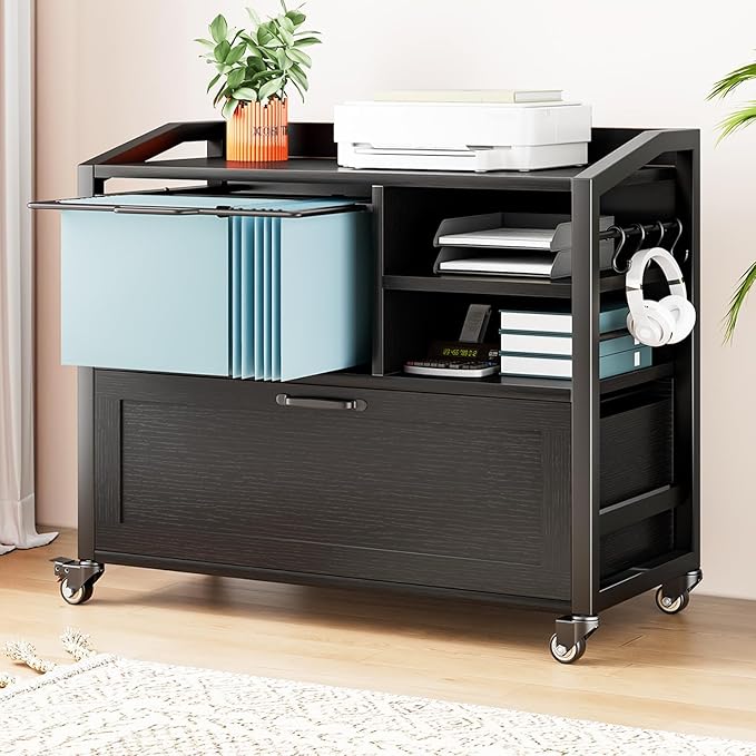 HSH Rolling Lateral File Cabinet with Storage Drawer, Black Mobile Filing Cabinet for Legal/Letter Size, Wood Metal Printer Stand with Shelves, Wheels & Hanging File Folder for Home Office Desk, 33 In