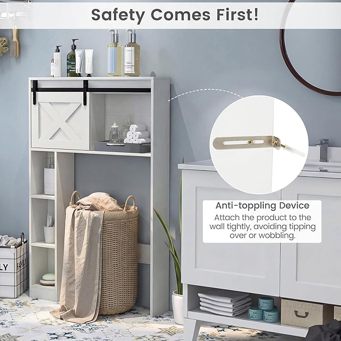 Giantex Over The Toilet Storage Cabinet - Freestanding Bathroom Organizer with Sliding Barn Door & Storage Shelves, Multifunctional Toilet Rack for Restroom, Laundry (White)