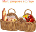 2Pcs Hanging Storage Baskets, Plastic Woven Hanging Basket with Hook, Flower Bin with Handle Kitchen Wall Basket for Ginger Garlic(Brown)