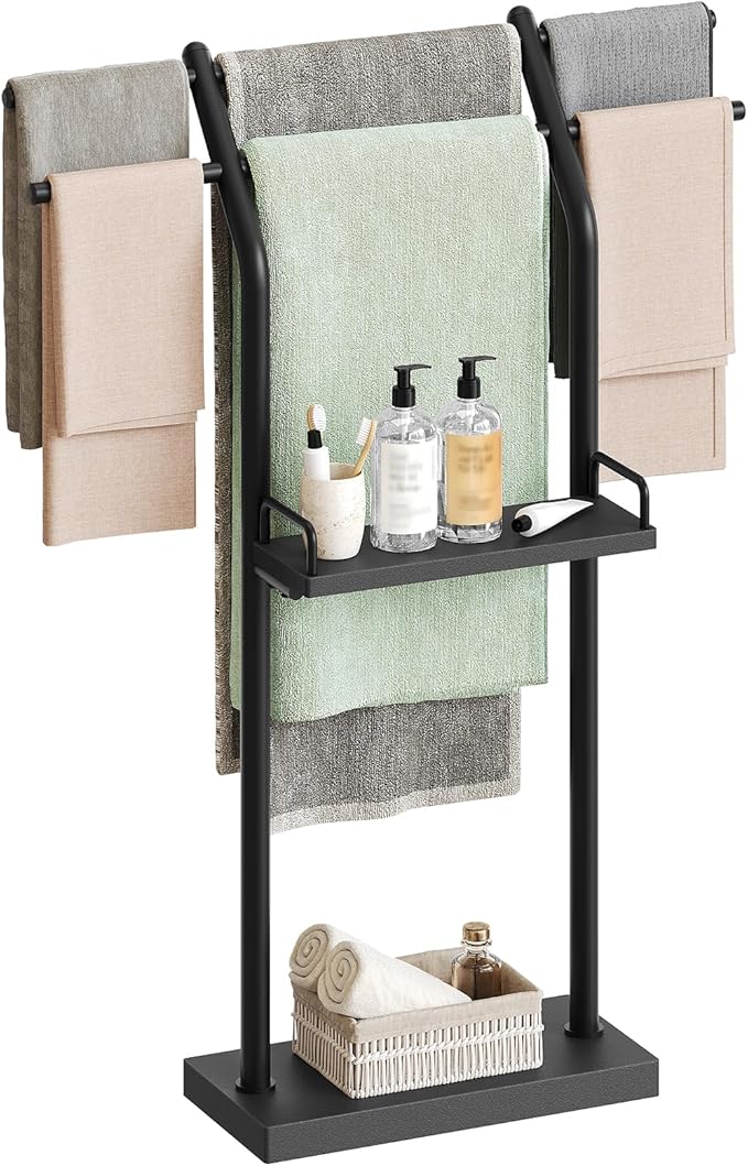 Free Standing Towel Rack, Taller Double-T Shape Bath Sheet Holder for Bathroom, Floor Blanket Holder Stand with Weighted Base, 4-Tier Towel Storage Rack, for Living Room, Balcony, Black CJ20BB