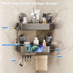Suction Cup Shower Caddy Corner, 1 Pack Suction Corner Shower Shelves No Drilling, Rustproof Shower Organizer Suction Cup with Towel Holder & Hooks Removable Bathroom Storage Rack(Gray)