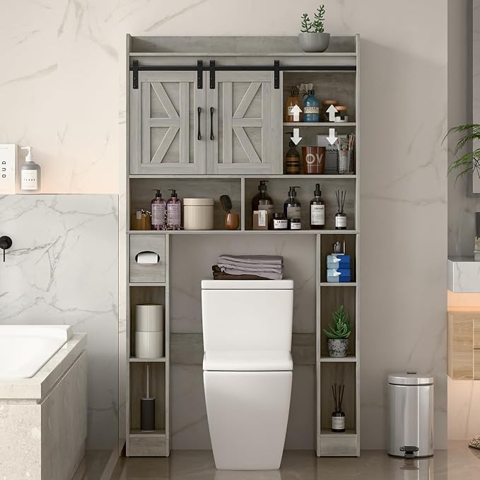 Vabches Farmhouse Storage Cabinet Over Toilet with Sliding Doors，Over The Toilet Storage Cabinet, Home Space-Saving Toilet Rack, for Bathroom, Restroom, Laundry