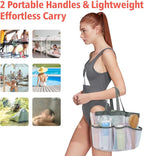 F-color Mesh Shower Caddy Portable, Upgrade Deeper 7 Pockets Shower Bag Basket Tote for College Dorm Room Toiletry Bathroom Essentials Gym Camp Quick Dry 2 handles with S Hook, White
