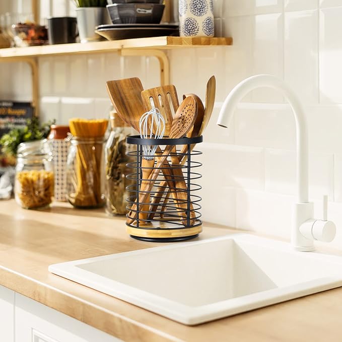 360° Rotating Utensil holder for Kitchen Counter 5.9 x 5.9 x 7.8 Large Round Utensils Holder with Wooden Base Matte Black Cooking Utensil Holder，Kitchen countertop Utensil Organizer