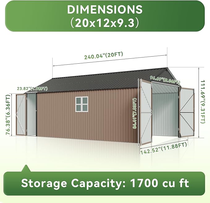 Aoxun 12x20x9.3 FT Metal Garage Shed Outdoor Large Storage Shed Carport with Double Doors,Side Door & Windows, Heavy Duty Garden Tool Shed All-Weather Outdoor Building for Vehicles & Sundries(Brown)