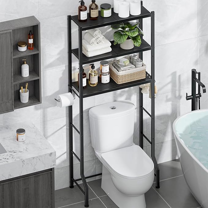 Kitsure Over The Toilet Storage Rack - Freestanding Over The Toilet Storage Cabinet with Paper Holder & Hooks, Bathroom Organizers and Storage, Black, 3 Tiers (61" H)