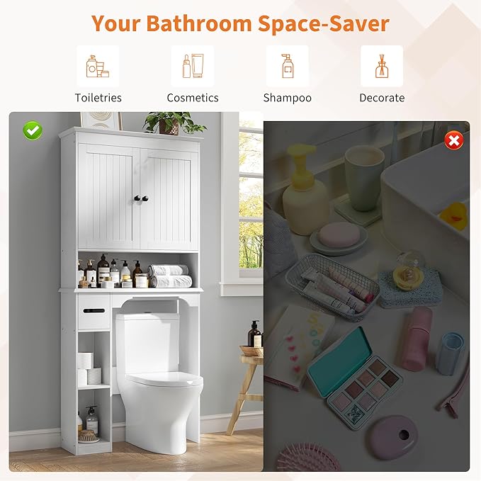 GAOMON Over The Toilet Storage Cabinet, Bathroom Shelf Organizer with Anti-Tip Device Small Freestanding Space Saver with Adjustable Shelf