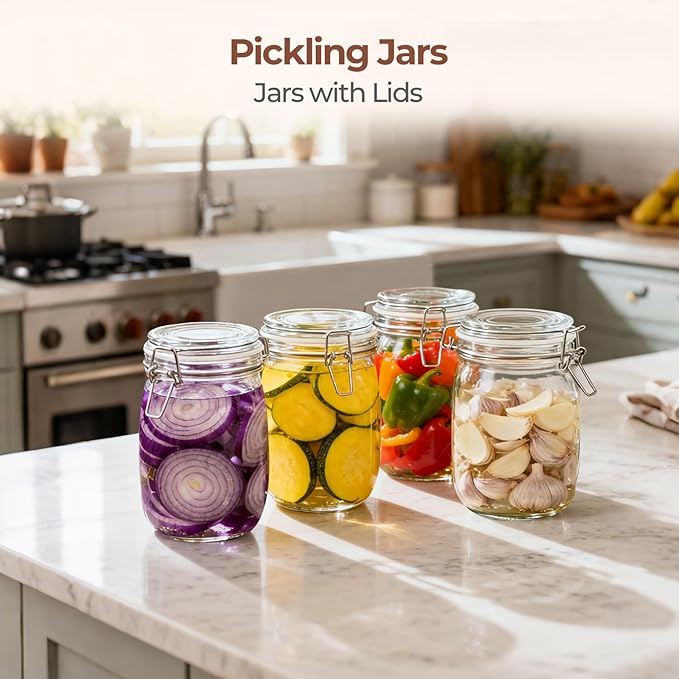 ComSaf 3-Pack 34oz Round Glass Apothecary Jars with Lids, Farmhouse Kitchen Decor for Countertop Display, Airtight Canisters for Cookies, Candy & Coffee, Classic Food Storage Containers