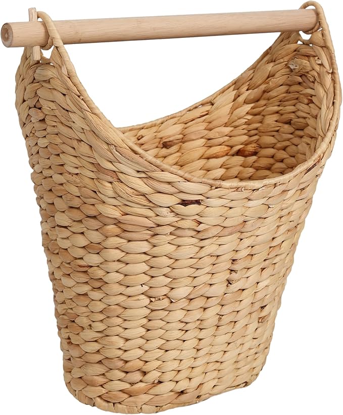 happimess PRH1000A Talia Classic Coastal Hand-Woven Water Hyacinth Toilet Paper Basket with Wood Bar, Reserve Storage for Extra Rolls, Free Standing Magazine Holder, Natural